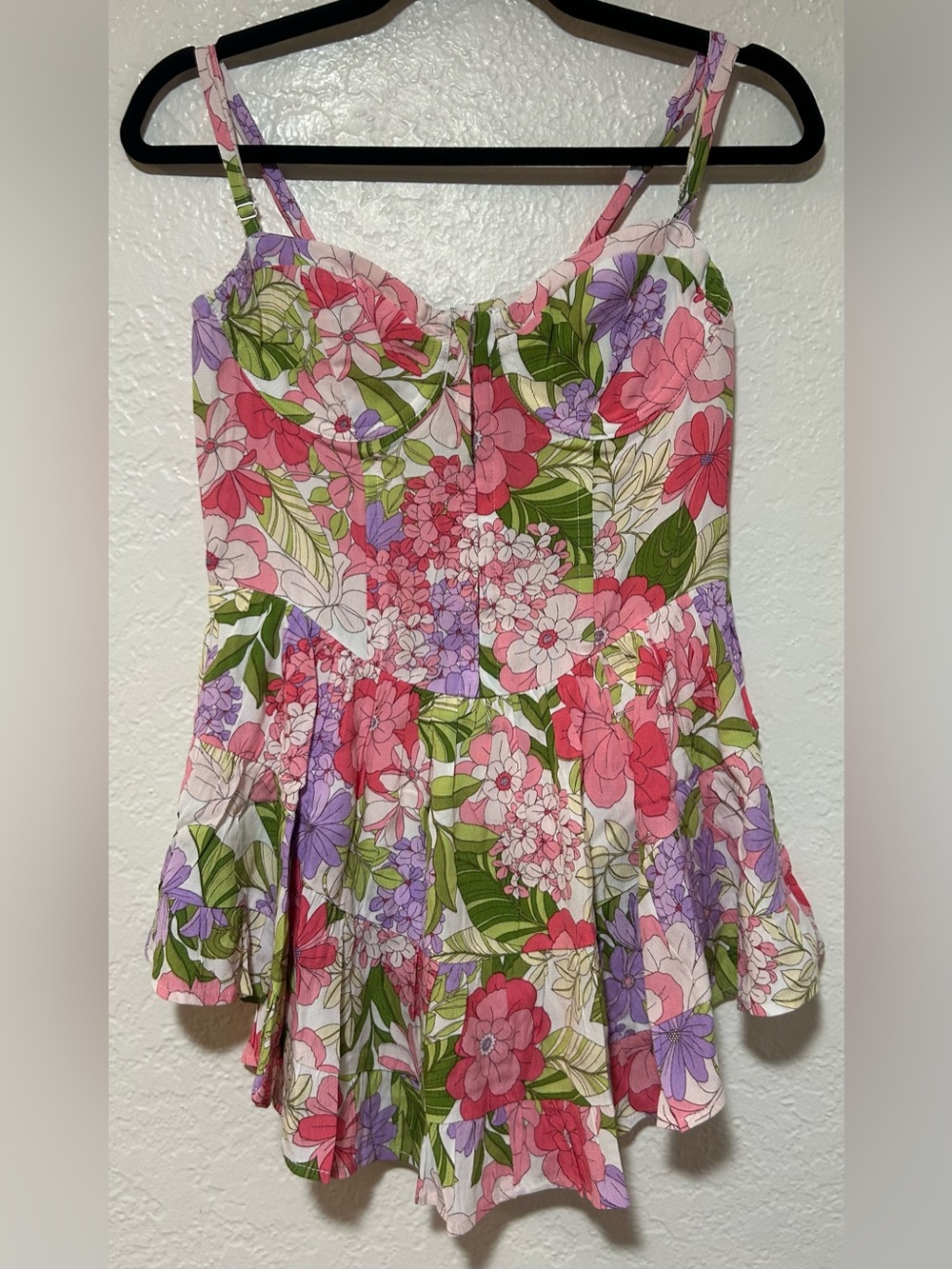 Sky to Moon Floral Sweetheart Neckline Romper - Pink/Purple/Green
